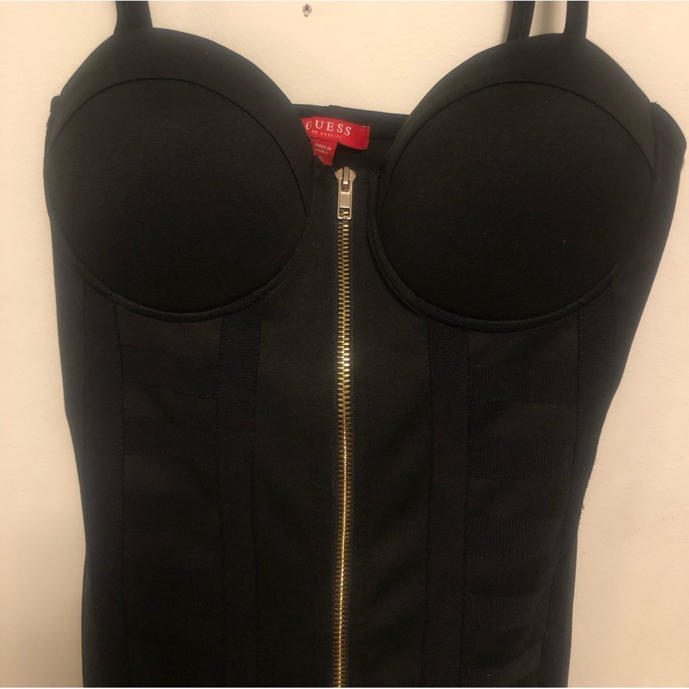 Guess black bandage dress with full frontal zipper.  Super sexy & form fitting